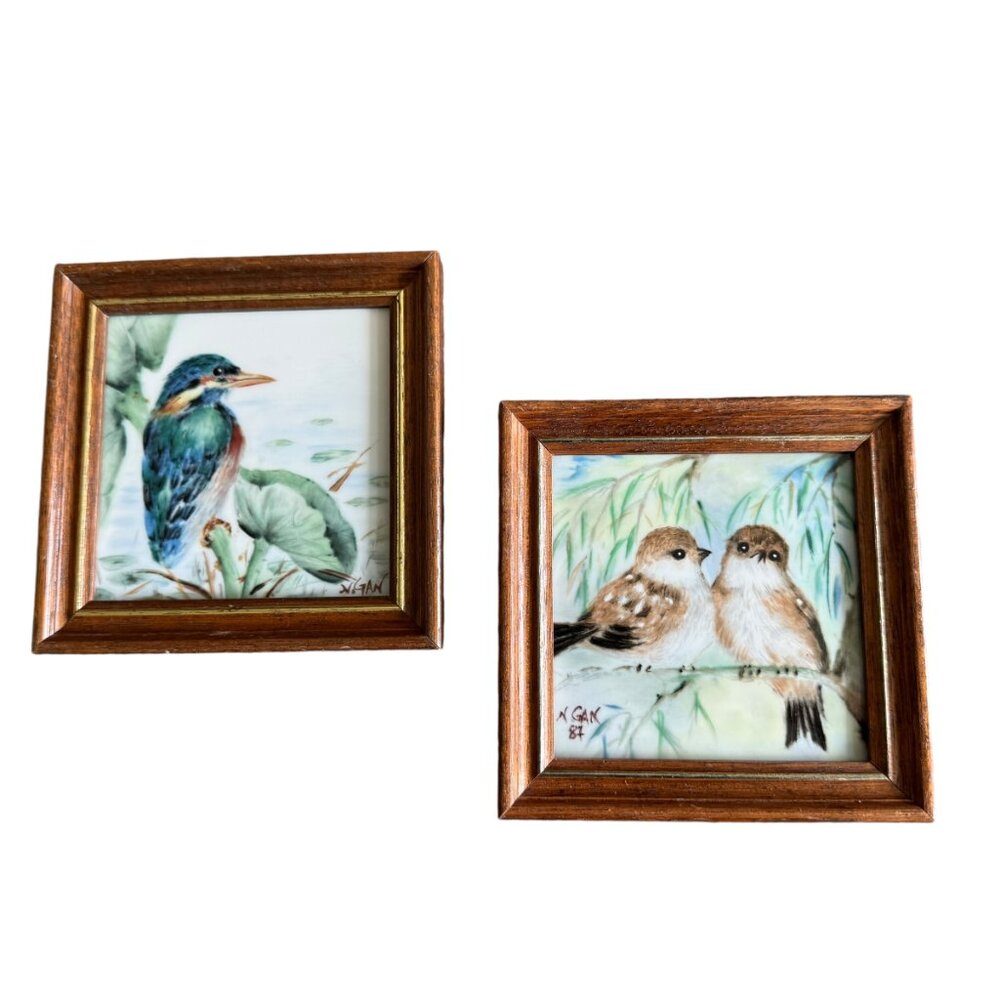 Vtg Ceramic Tile Art in Wooden Frames by Nancy Gan Singapore Airlines Promotion